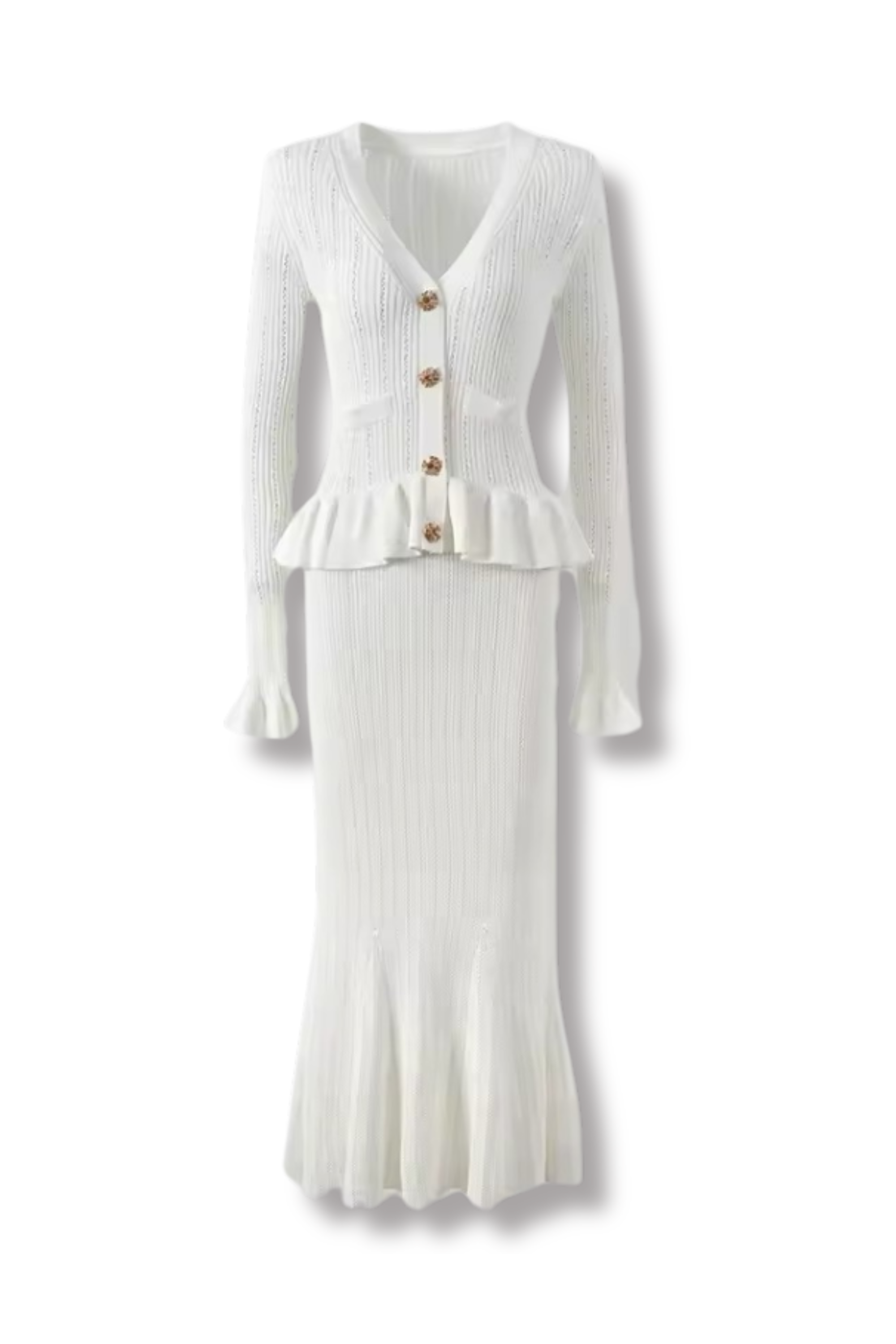 CIDNEY - Fine knit dress with peplum and statement decorative buttons
